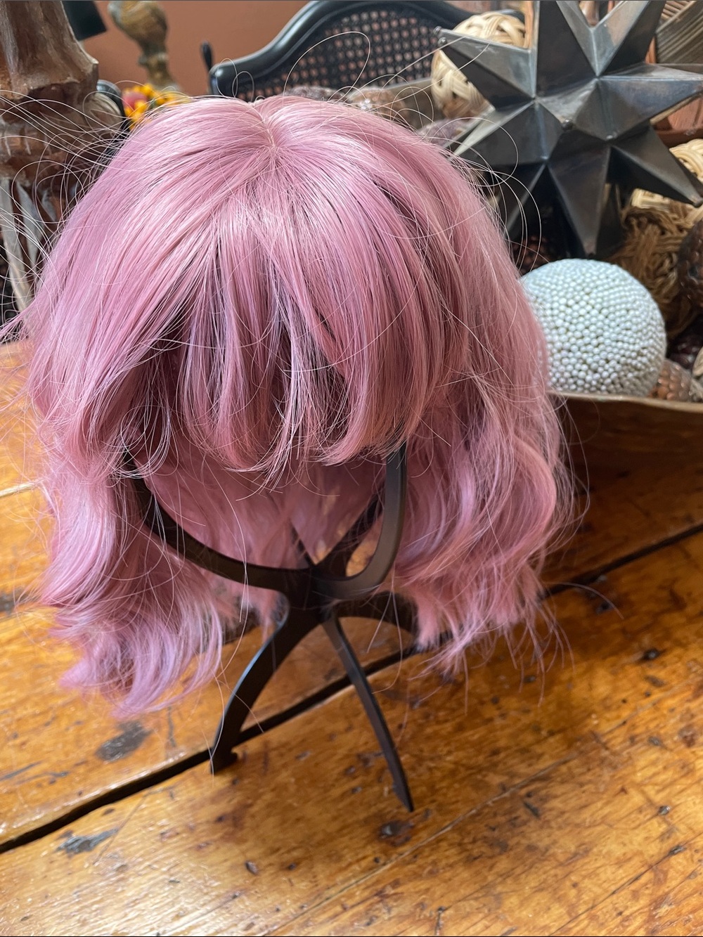 Soft Pink Short Wavy Wig with Bangs - Women Hair